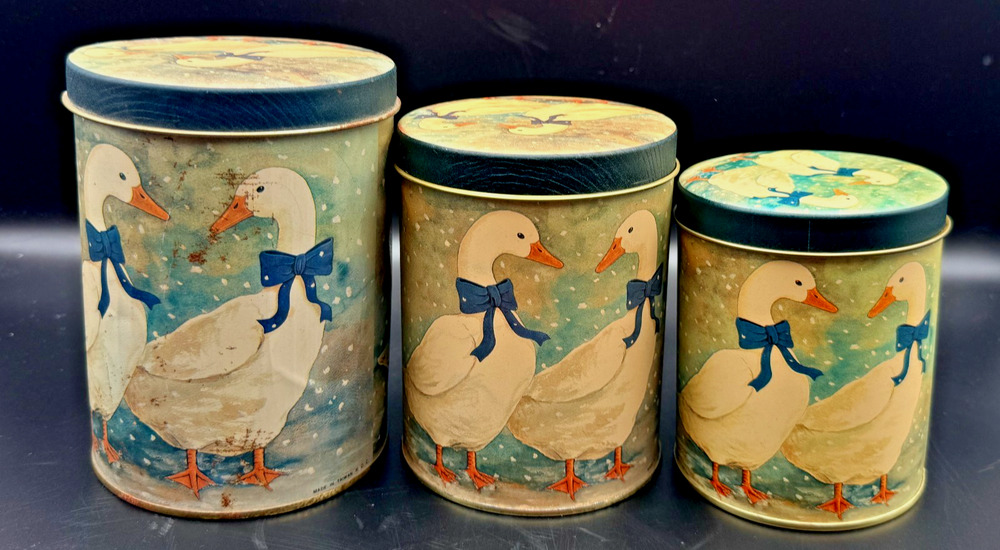 3 Vintage Country Winter Geese Ducks Nesting Tin Canisters Blue Bows Grandmacore